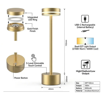 Luxury Metal LED Table Lamp – USB Rechargeable 3 Color Touch Light